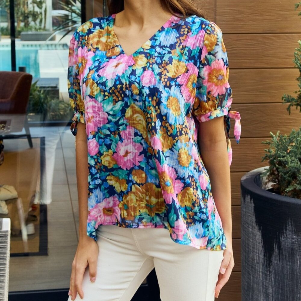 NWT Petal Dew Full Size Floral V-Neck Tie Detail Blouse